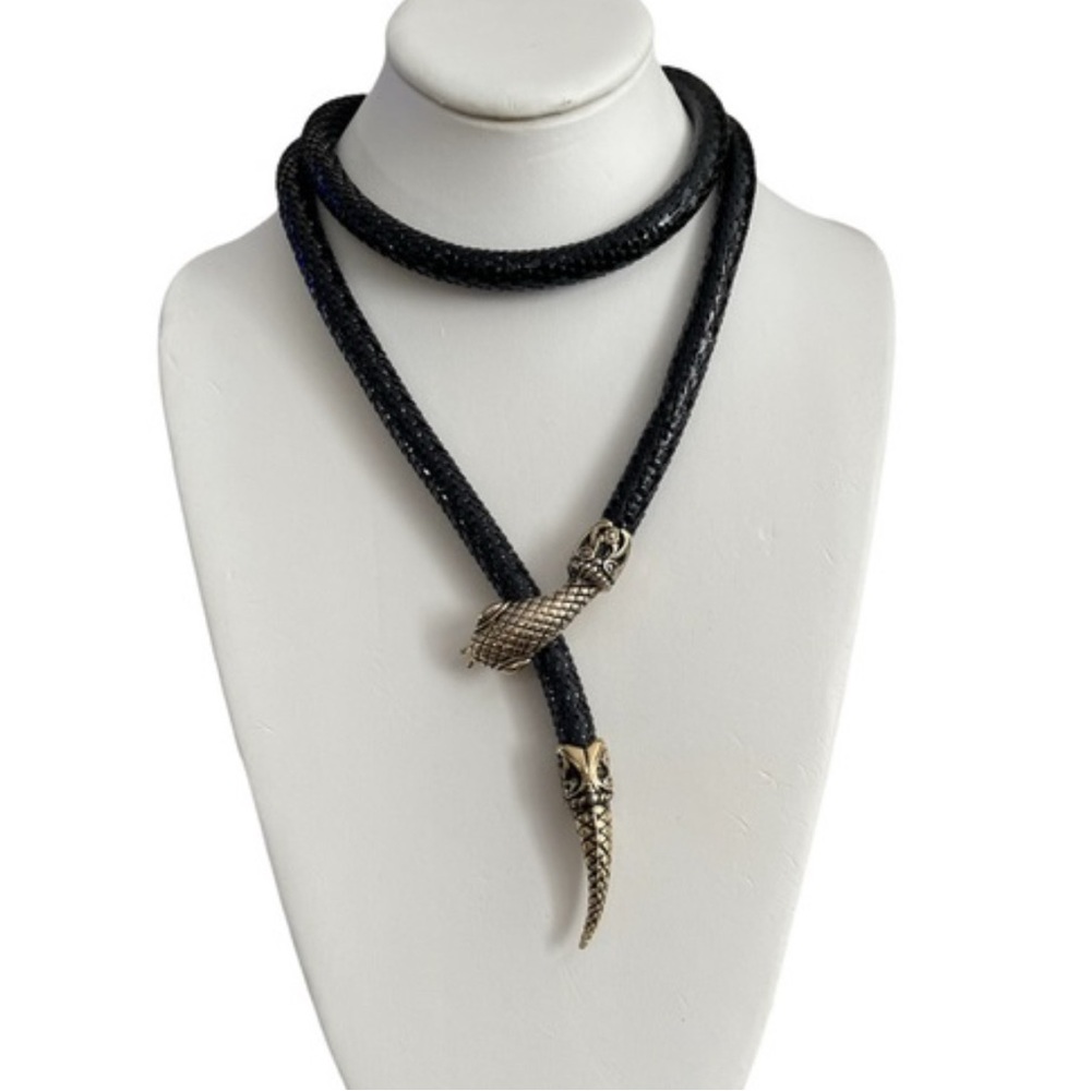 Vintage Snake Black Metallic Body Goldtone Head Tail Necklace by DL Auld